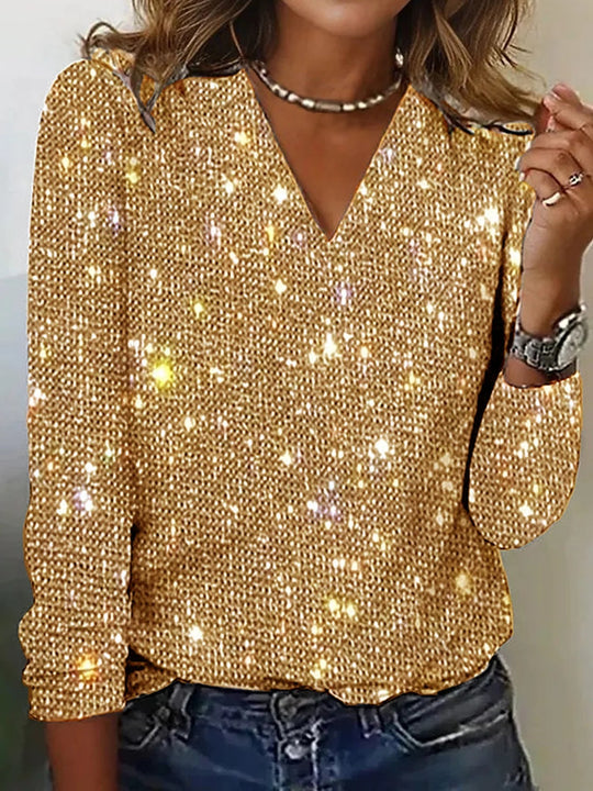 Skjortebluse Dame V-Hals Glitrende Polyester Elegant Casual