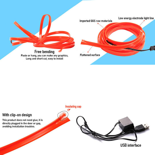 Bil Neon Lys Sæt Tilpasseligt USB Lyskabel 5m 6