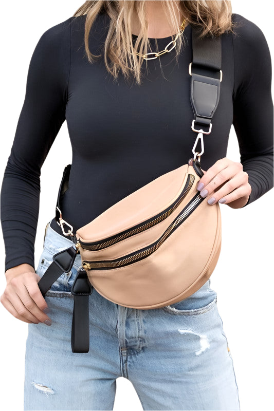 Dame Crossbody Taske Crescent Nylon med Dobbelt Lynlås og Justerbar Rem 0