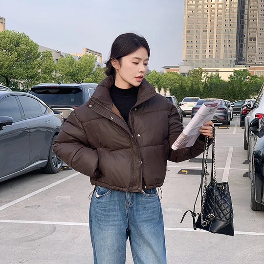 Dame Puffer Jakke Med Ståkrave Cropped Stil 3