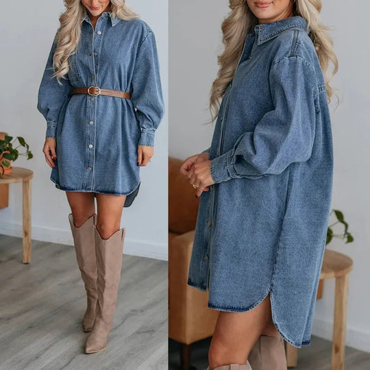Dame Shirt Kjole Denim Med Lange Ærmer 2