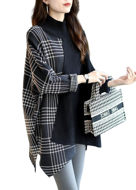 Dame Striktrøje Asymmetrisk Patchwork Plaid Design 0