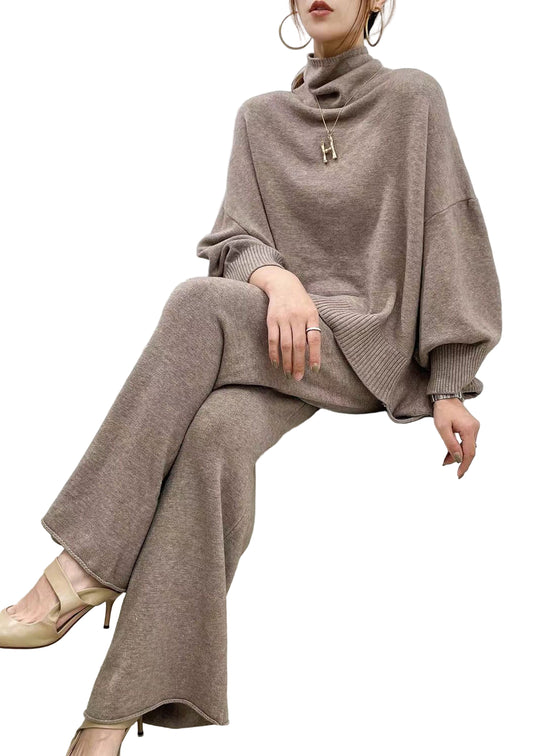 Dame To-delt Sæt med Kameltrøje og Bukser med Brede Ben 0