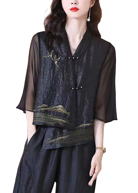 Dame V-hals Patchwork Frakke med Kinesisk Knap 0