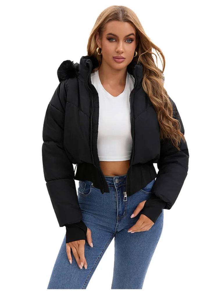 Dame Vinterjakke Med Hætte Croppet Snit 2