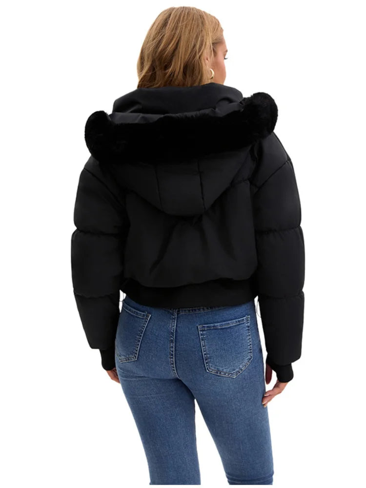 Dame Vinterjakke Med Hætte Croppet Snit 6