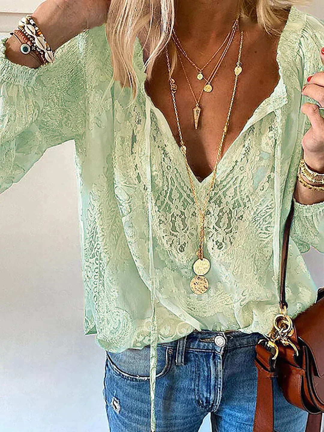 Damebluse med Blonder Trendy Design 3