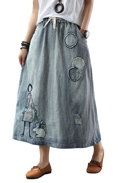 Damer Casual Denim Nederdel med Elastisk Talje og Broderi 0