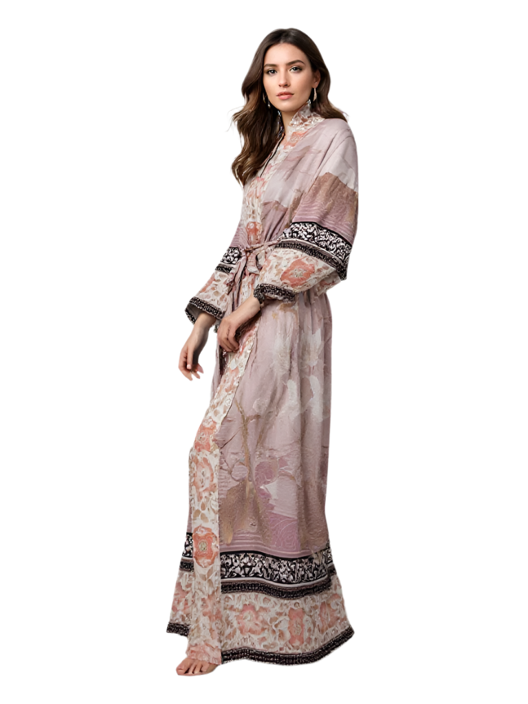 Damernes Lange Kimono Blomsterprint Blød Stof 0