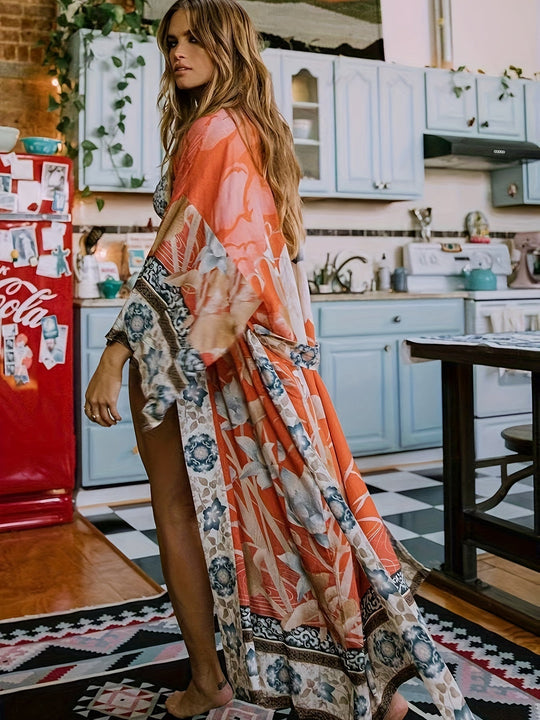 Damernes Lange Kimono Blomsterprint Blød Stof 1