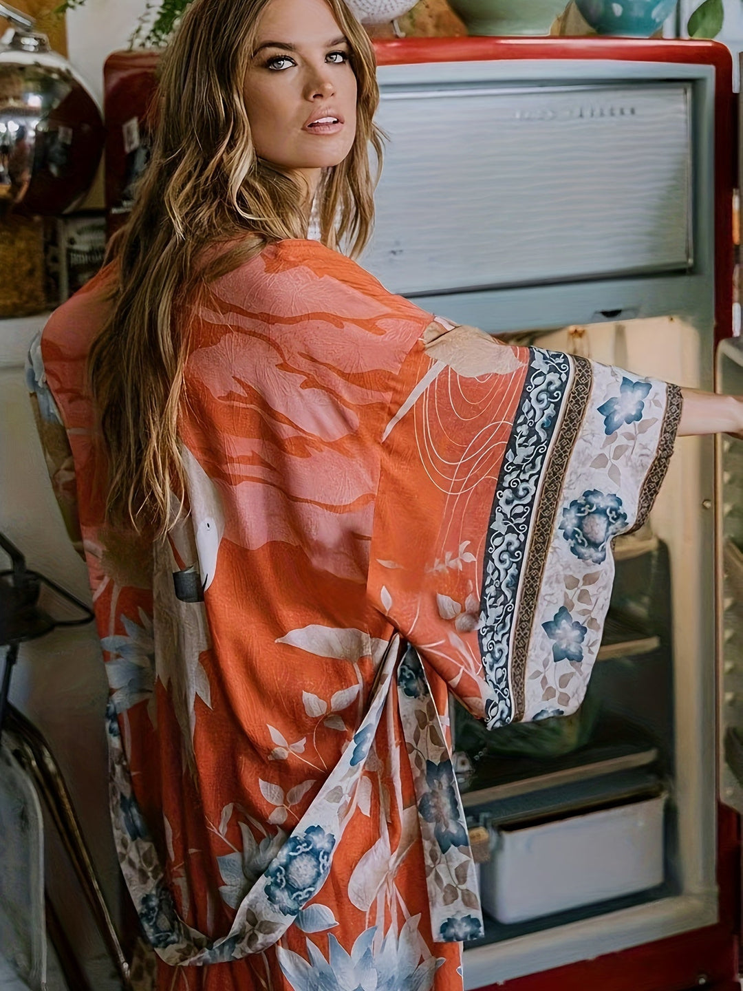 Damernes Lange Kimono Blomsterprint Blød Stof 2