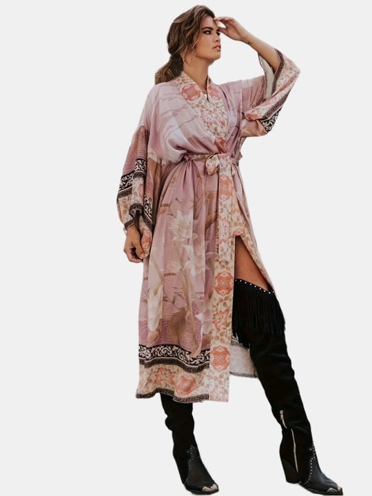 Damernes Lange Kimono Blomsterprint Blød Stof 3