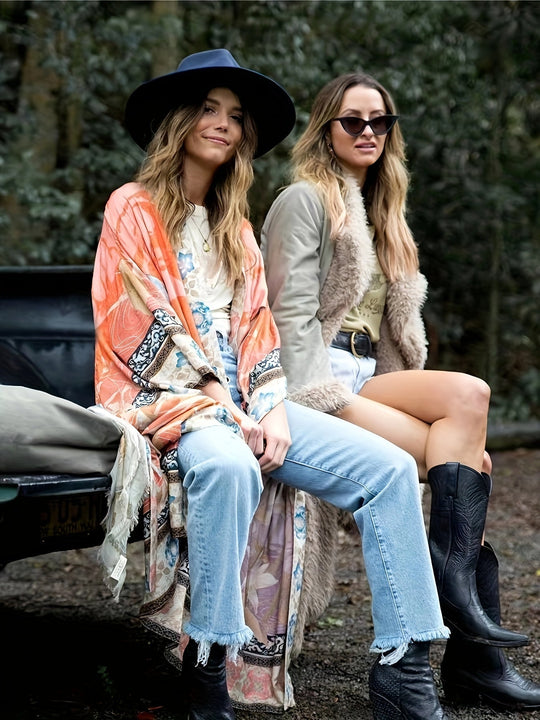 Damernes Lange Kimono Blomsterprint Blød Stof 4