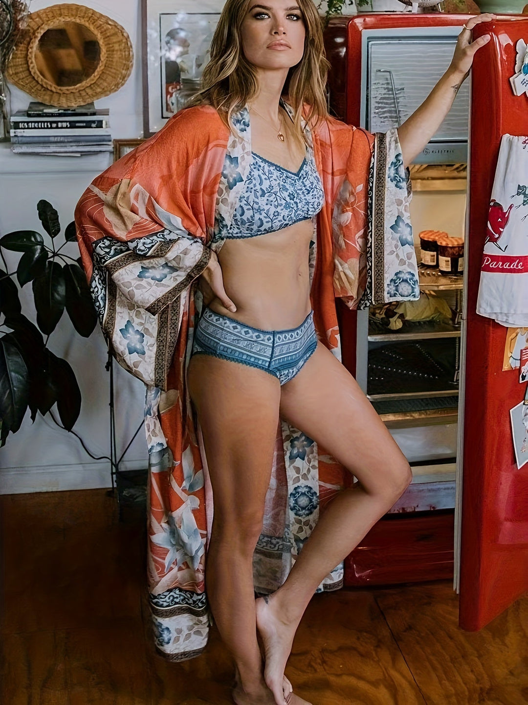 Damernes Lange Kimono Blomsterprint Blød Stof 5