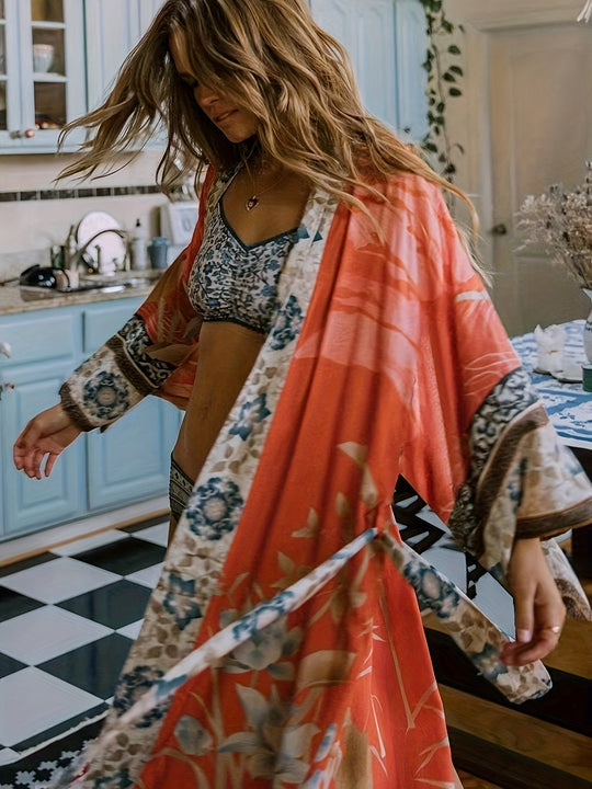 Damernes Lange Kimono Blomsterprint Blød Stof 6