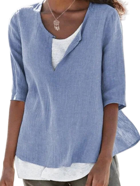 Damernes T-shirt V-Hals 3/4-Ærmer Let Bomuld Høj-Lav Kant 0