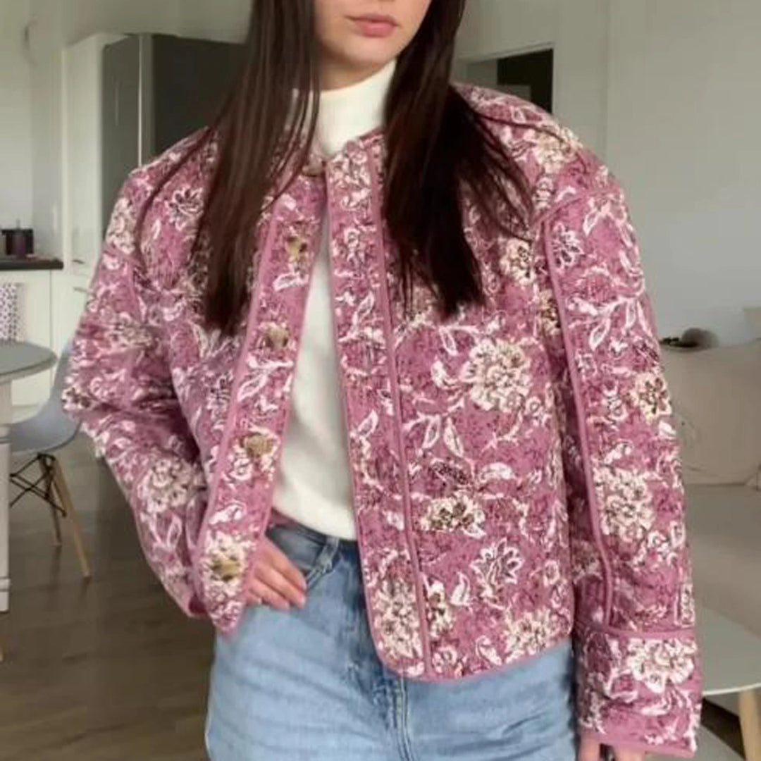 Forårsjakke Dame Cropped Puffer Med Blomsterprint 0