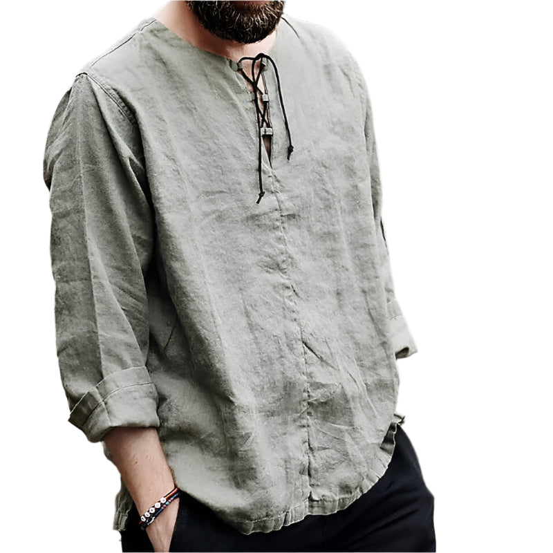 Herre Bluse i Linned Design med V-hals 0