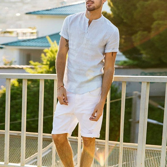 Herre Bluse i Linned Design med V-hals 4