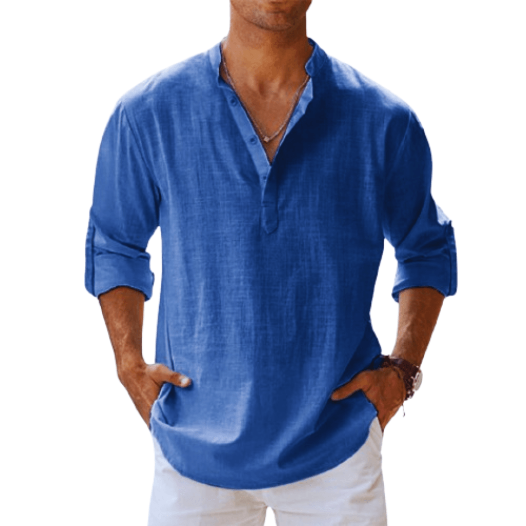 Herre Henley Skjorte Linned Blend Langærmet Casual 0