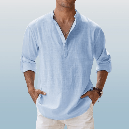 Herre Henley Skjorte Linned Blend Langærmet Casual 1