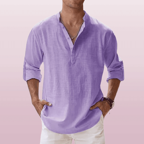 Herre Henley Skjorte Linned Blend Langærmet Casual 11