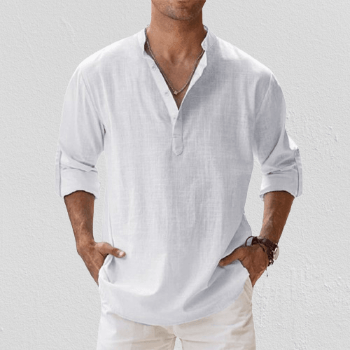Herre Henley Skjorte Linned Blend Langærmet Casual 2