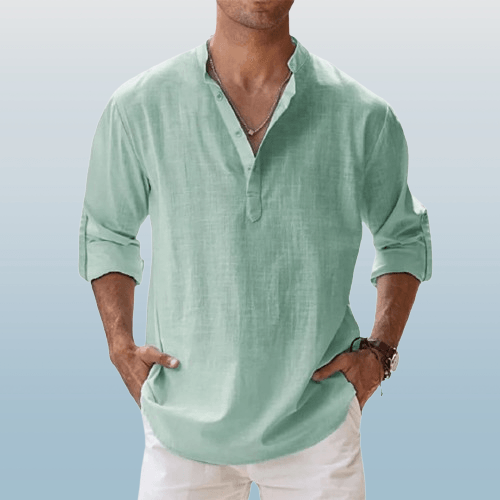 Herre Henley Skjorte Linned Blend Langærmet Casual 3