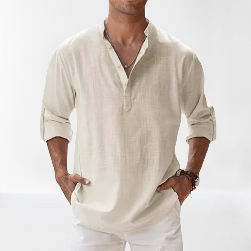 Herre Henley Skjorte Linned Blend Langærmet Casual 4