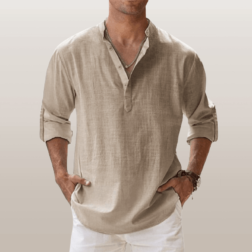 Herre Henley Skjorte Linned Blend Langærmet Casual 5