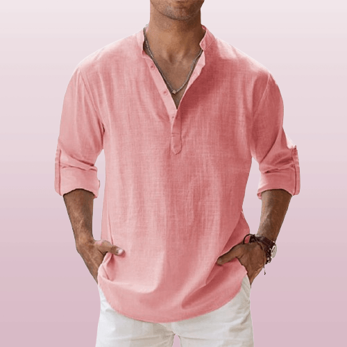 Herre Henley Skjorte Linned Blend Langærmet Casual 6