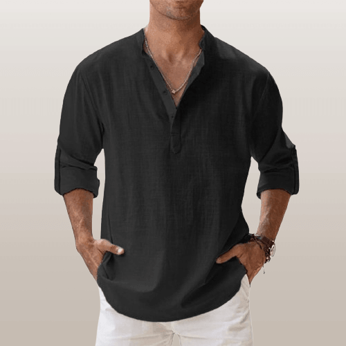 Herre Henley Skjorte Linned Blend Langærmet Casual 7