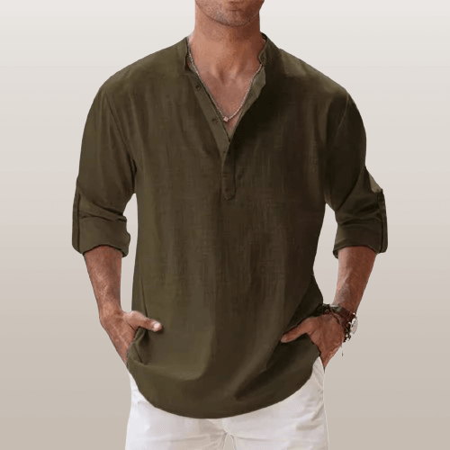 Herre Henley Skjorte Linned Blend Langærmet Casual 8