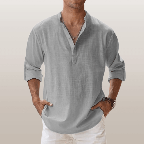Herre Henley Skjorte Linned Blend Langærmet Casual 9