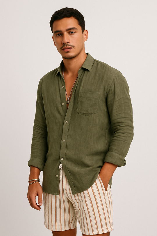 Herre Langærmet Skjorte Button-Up Linned 1