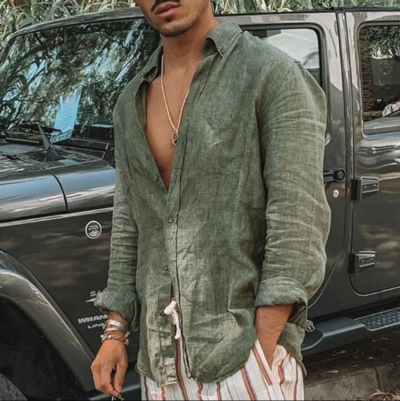 Herre Langærmet Skjorte Button-Up Linned 5