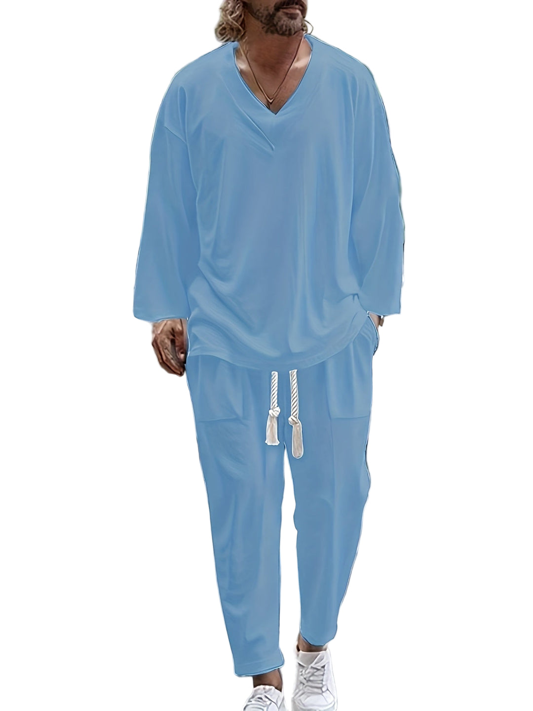Herre Loungewear Sæt – V-Hals Langærmet Top – Afslappet Bukser med Lommer 0