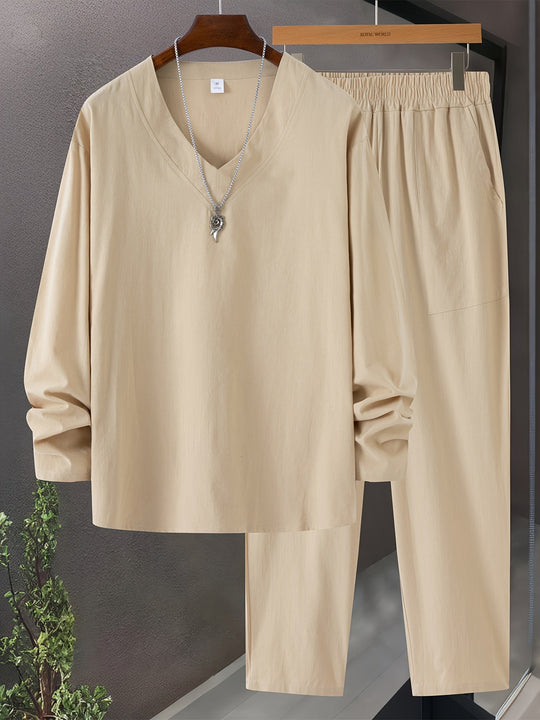 Herre Loungewear Sæt – V-Hals Langærmet Top – Afslappet Bukser med Lommer 2
