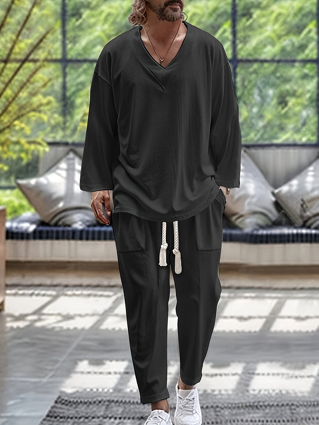 Herre Loungewear Sæt – V-Hals Langærmet Top – Afslappet Bukser med Lommer 3