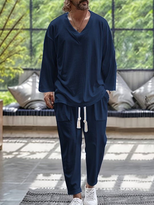 Herre Loungewear Sæt – V-Hals Langærmet Top – Afslappet Bukser med Lommer 4