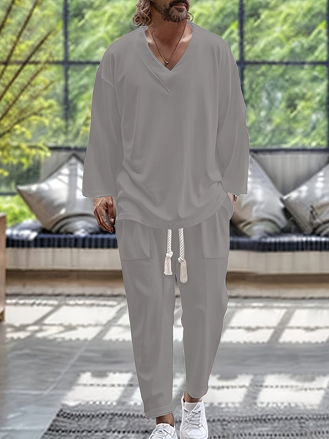 Herre Loungewear Sæt – V-Hals Langærmet Top – Afslappet Bukser med Lommer 5