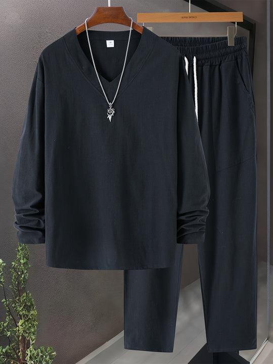 Herre Loungewear Sæt – V-Hals Langærmet Top – Afslappet Bukser med Lommer 8