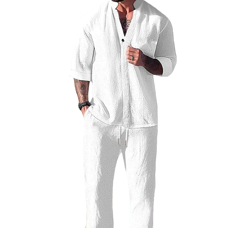 Herre Loungewear Sæt – V-Hals Langærmet Top & Drawstring Bukser i Bomulds- og Linnedblanding 0