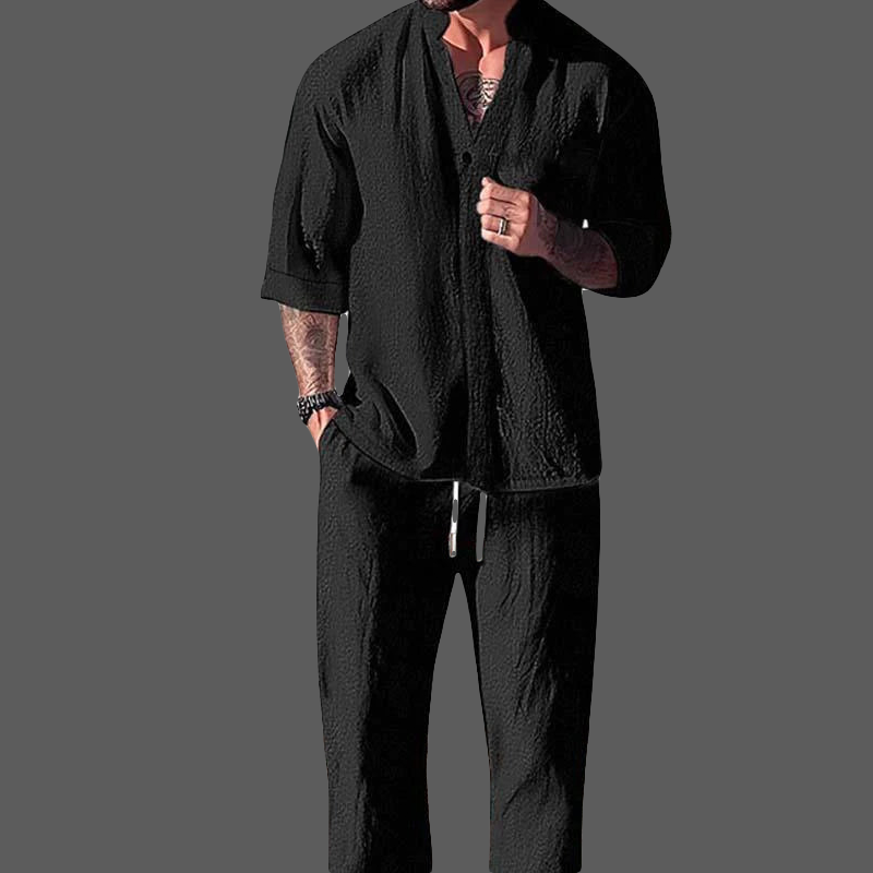 Herre Loungewear Sæt – V-Hals Langærmet Top & Drawstring Bukser i Bomulds- og Linnedblanding 1