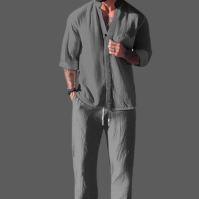 Herre Loungewear Sæt – V-Hals Langærmet Top & Drawstring Bukser i Bomulds- og Linnedblanding 2