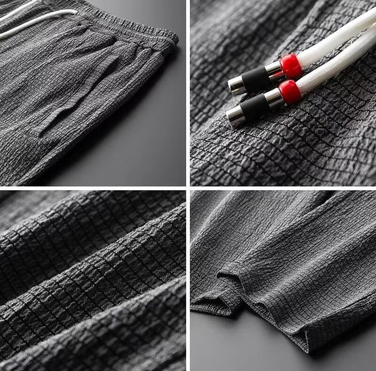 Herre Loungewear Sæt – V-Hals Langærmet Top & Drawstring Bukser i Bomulds- og Linnedblanding 3
