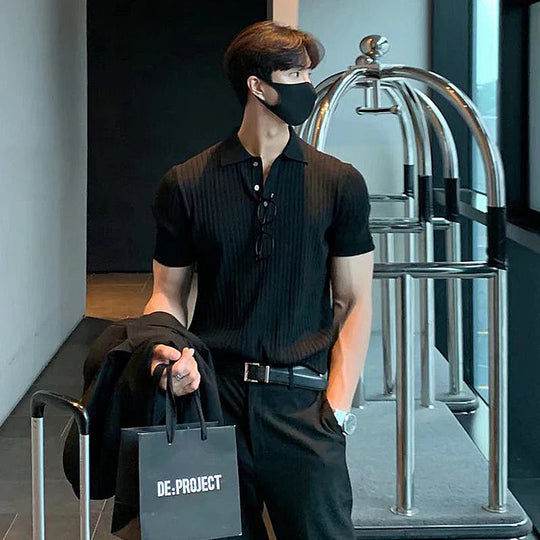 Herre Polo Skjorte Slim Fit Ribbet Strik Kortærmet Fiberblanding 3