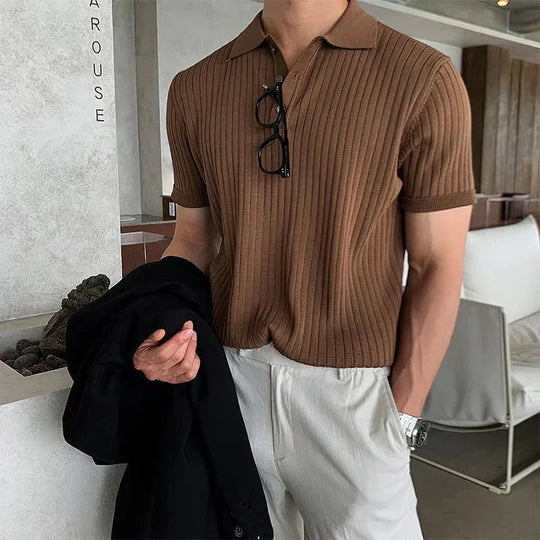 Herre Polo Skjorte Slim Fit Ribbet Strik Kortærmet Fiberblanding 4