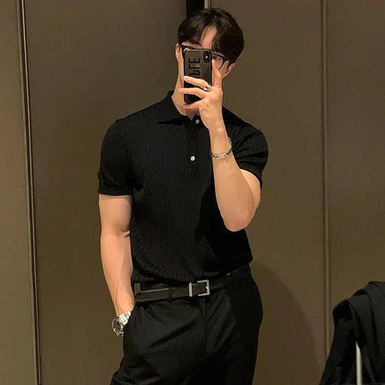 Herre Polo Skjorte Slim Fit Ribbet Strik Kortærmet Fiberblanding 5