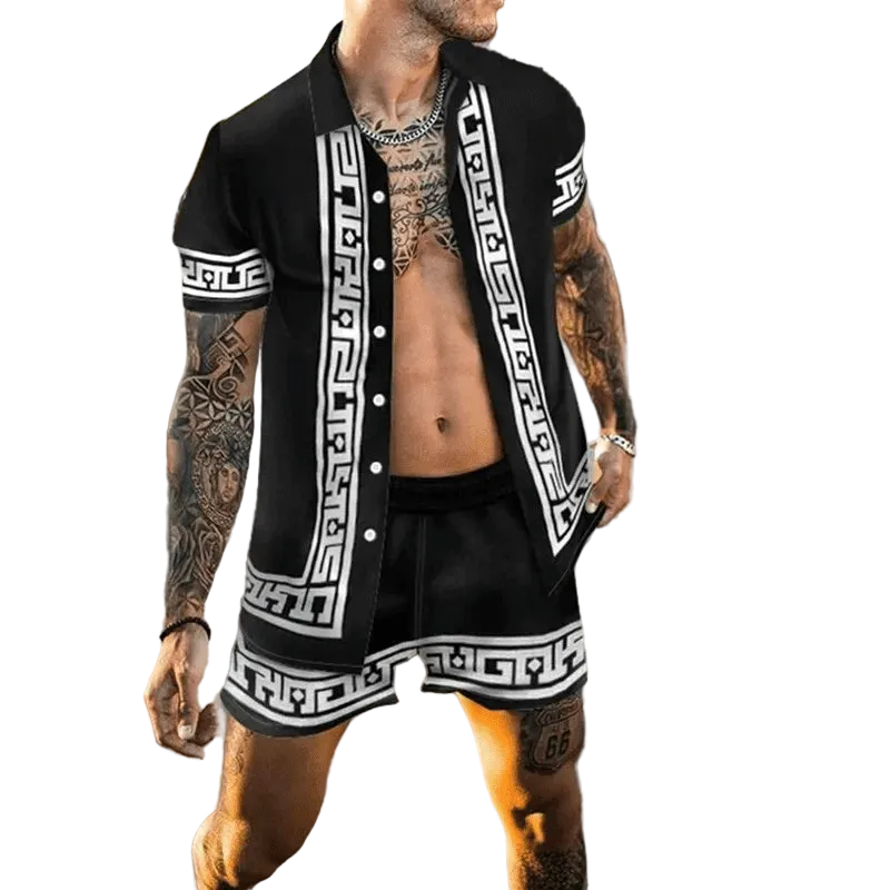Herre Sommer Sæt Løs Kortærmet Skjorte med Shorts Patchwork Design 0